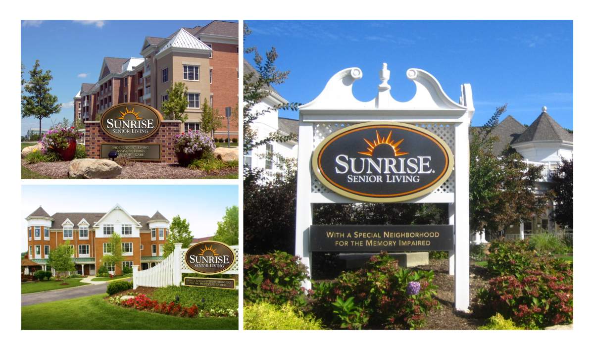 Brand refinement project to promote 30 years of growth beginning with site signage for 230 senior living communities in the United States, Canada and Great Britain. Photos show signature logo signs for three communities, using a bronze oval with white lettering and orange sunrise icon and tan trim outside edge. The bronze is used as a neutral color that will look tasteful and not clash with several decades of building styles, colors, finishes and landscaping for facilities incorporating Victorian New England, desert southwest or provincial French Canadian motifs by Mark Ksiazewski at Centre Street Creative 